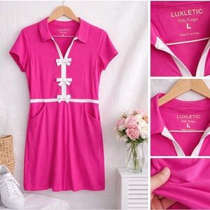 Lilly Pulitzer Luxletic Lily Dress Hot Pink White Bows Tennis Golf L